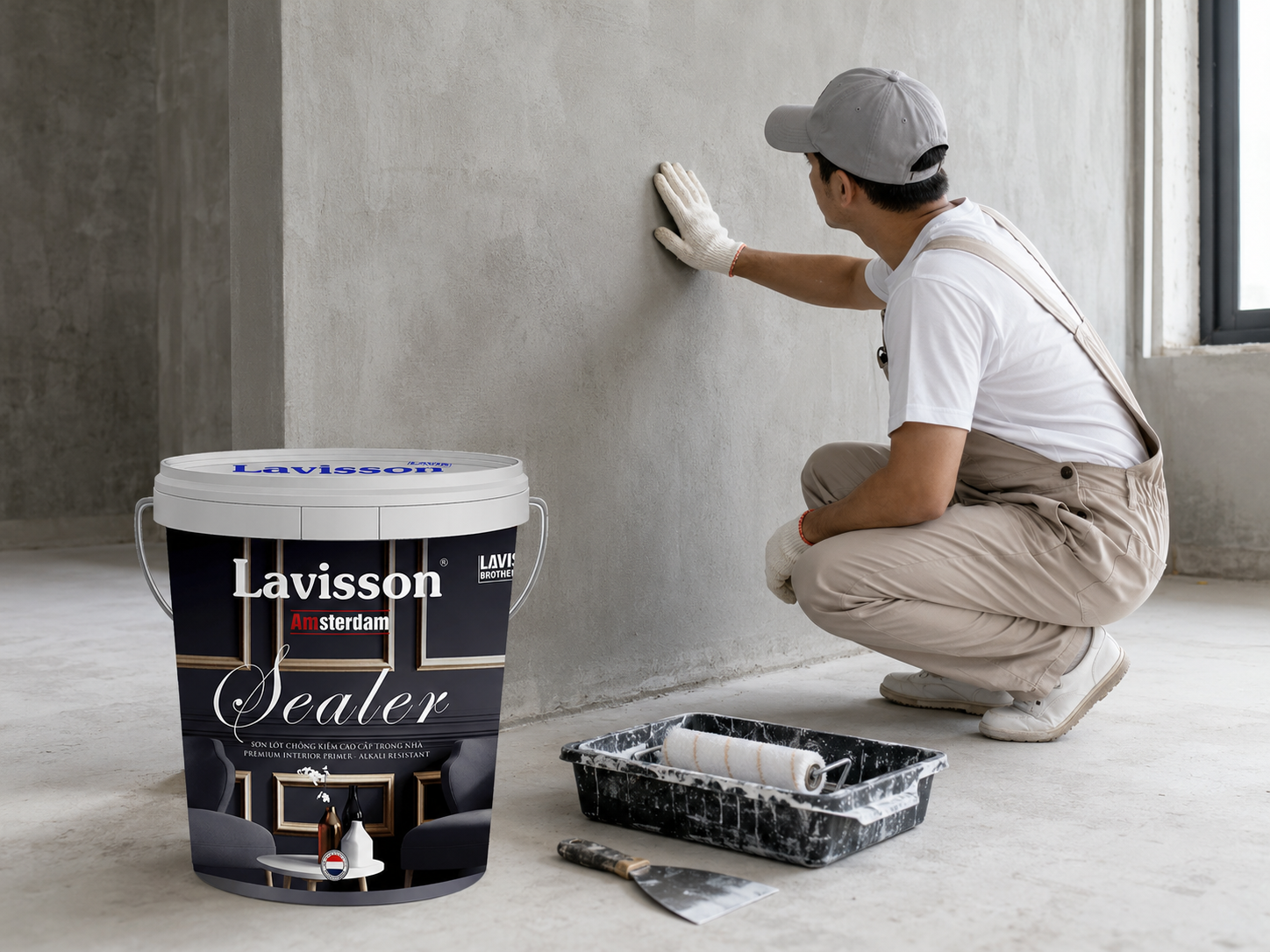 Thi công sơn lót chống kiềm Lavisson cho tường nội thất