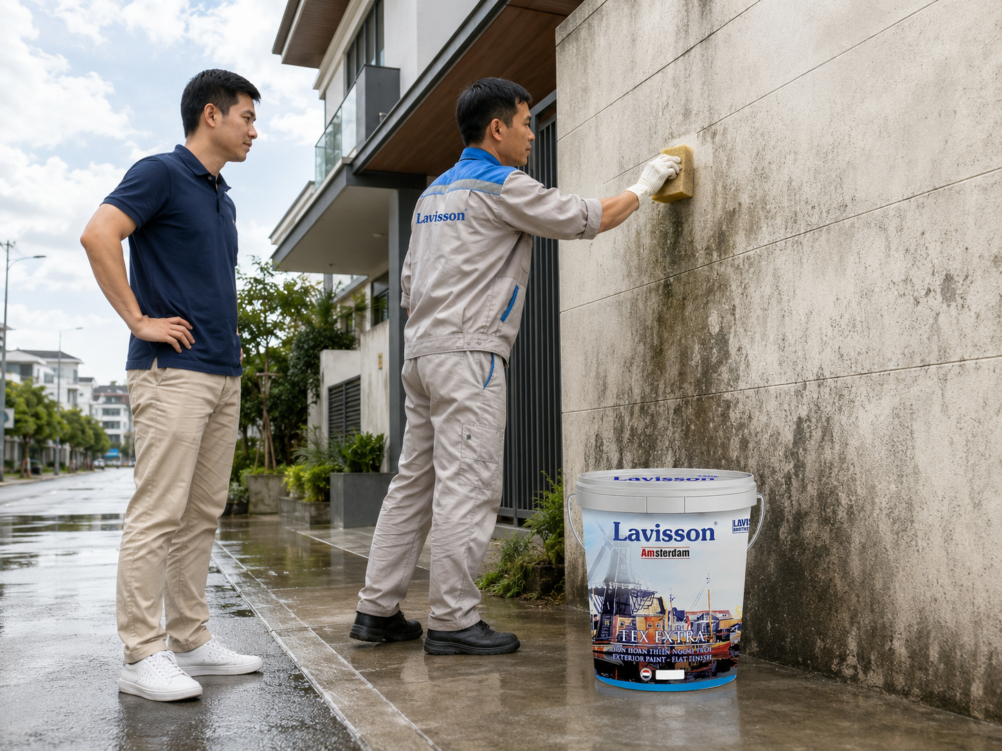 Kiểm tra bề mặt tường ngoại thất trước khi sơn vào mùa mưa