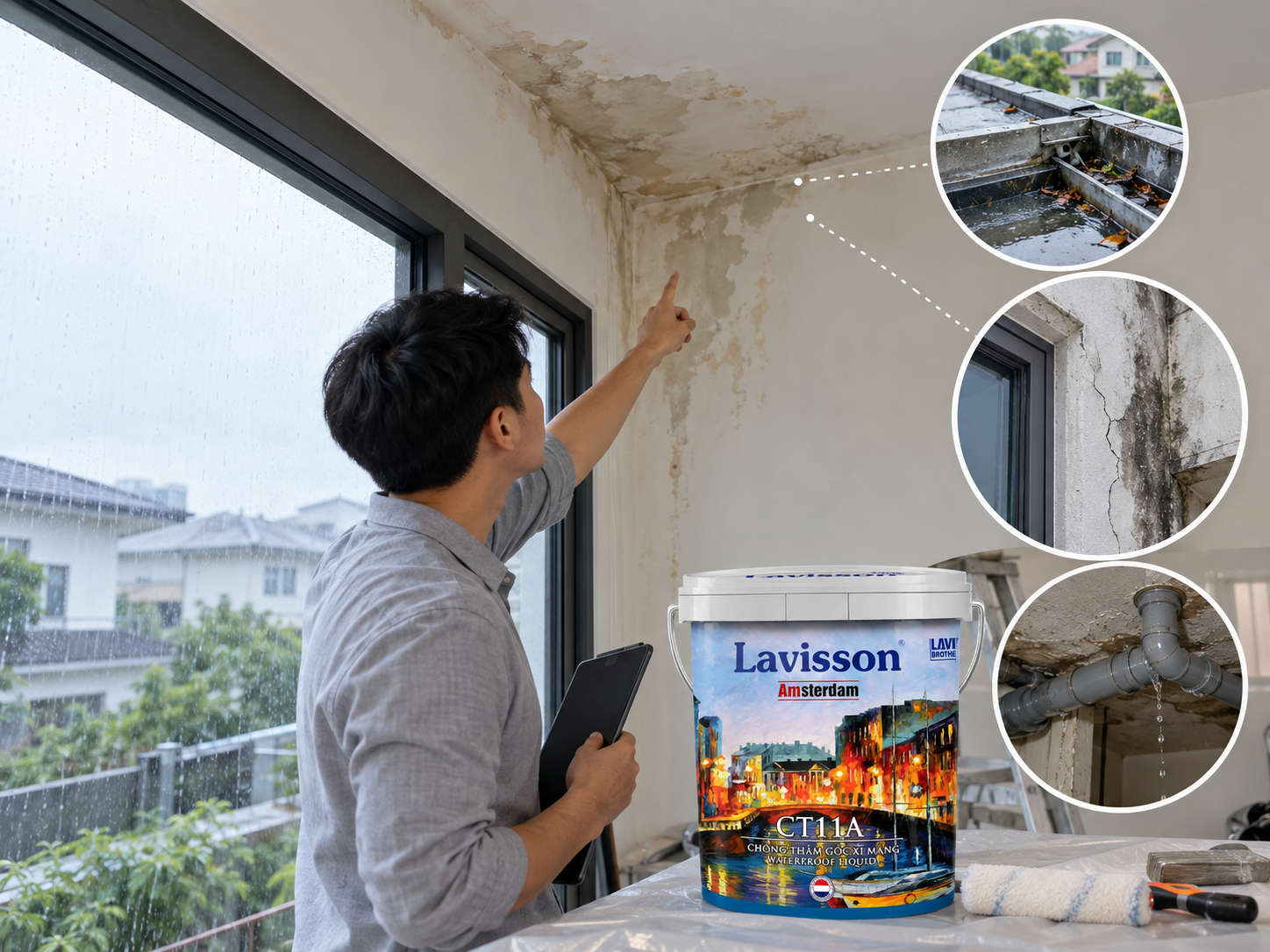 Quan sát vị trí vết thấm quanh cửa và trần nhà