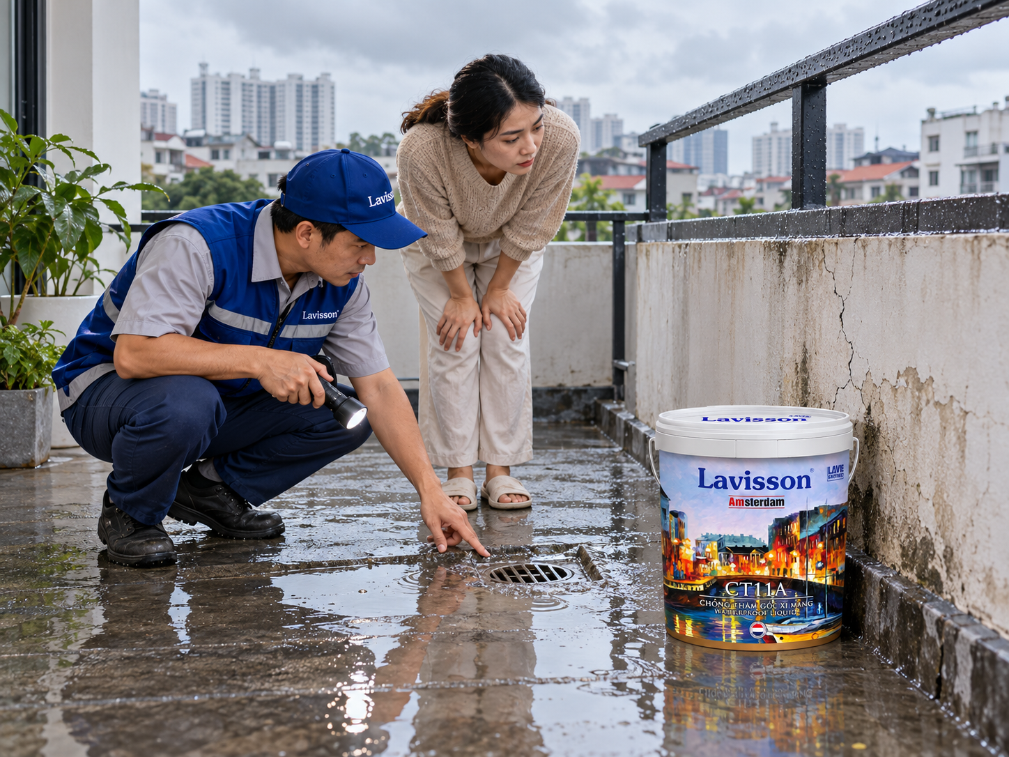 Kiểm tra đường thoát nước trên ban công sau mưa