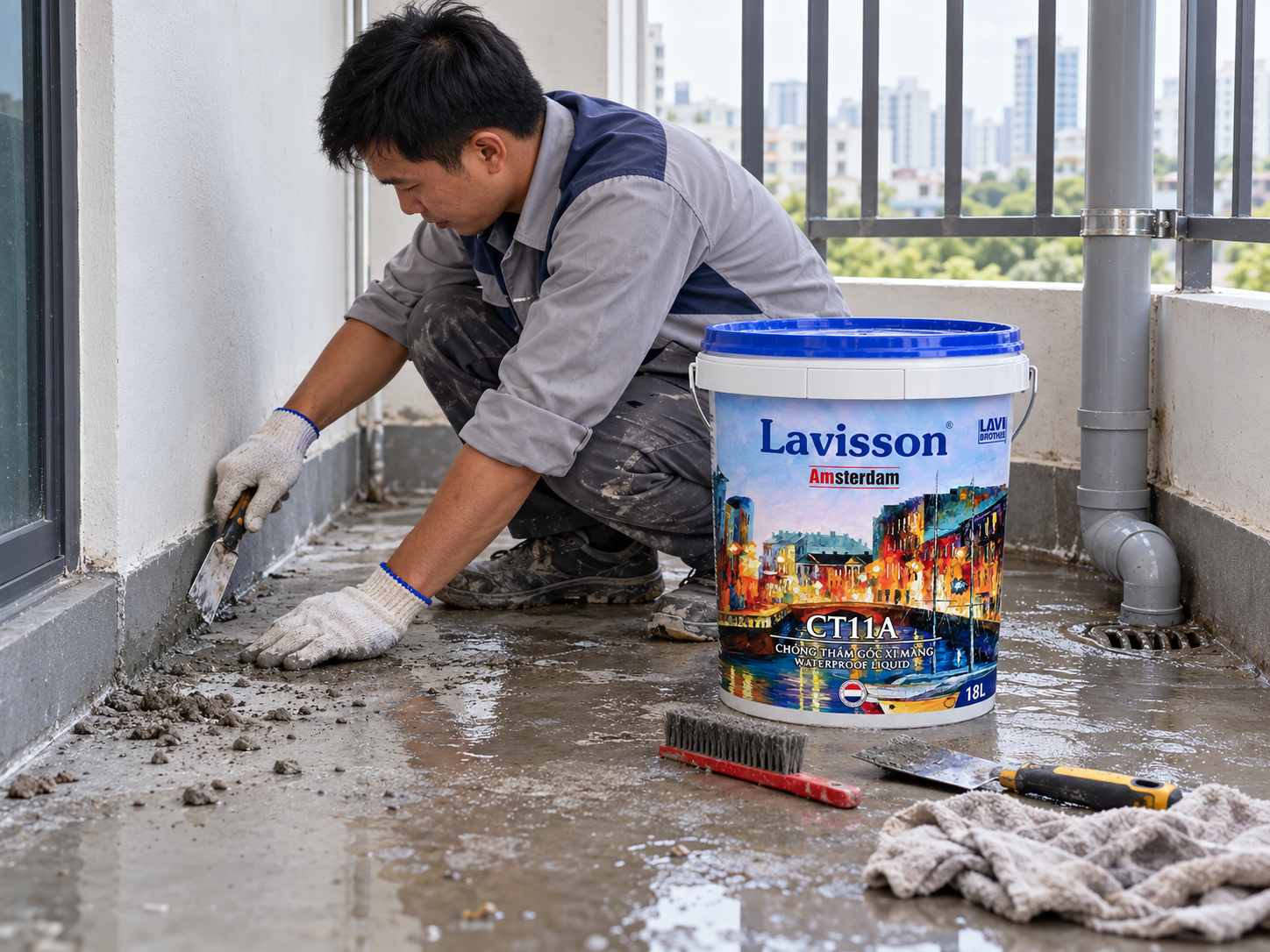 Làm sạch lớp nền cũ ở sàn và chân tường ban công